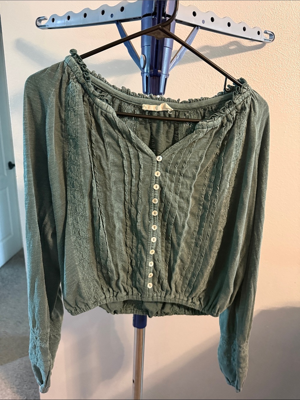 Lucky Brand Sage Green Pintuck Peasant Blouse
